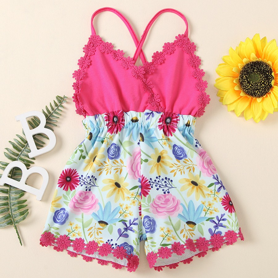 

Lovely Girl Sweet Floral Print Cross Strap Rose Red One-piece Romper