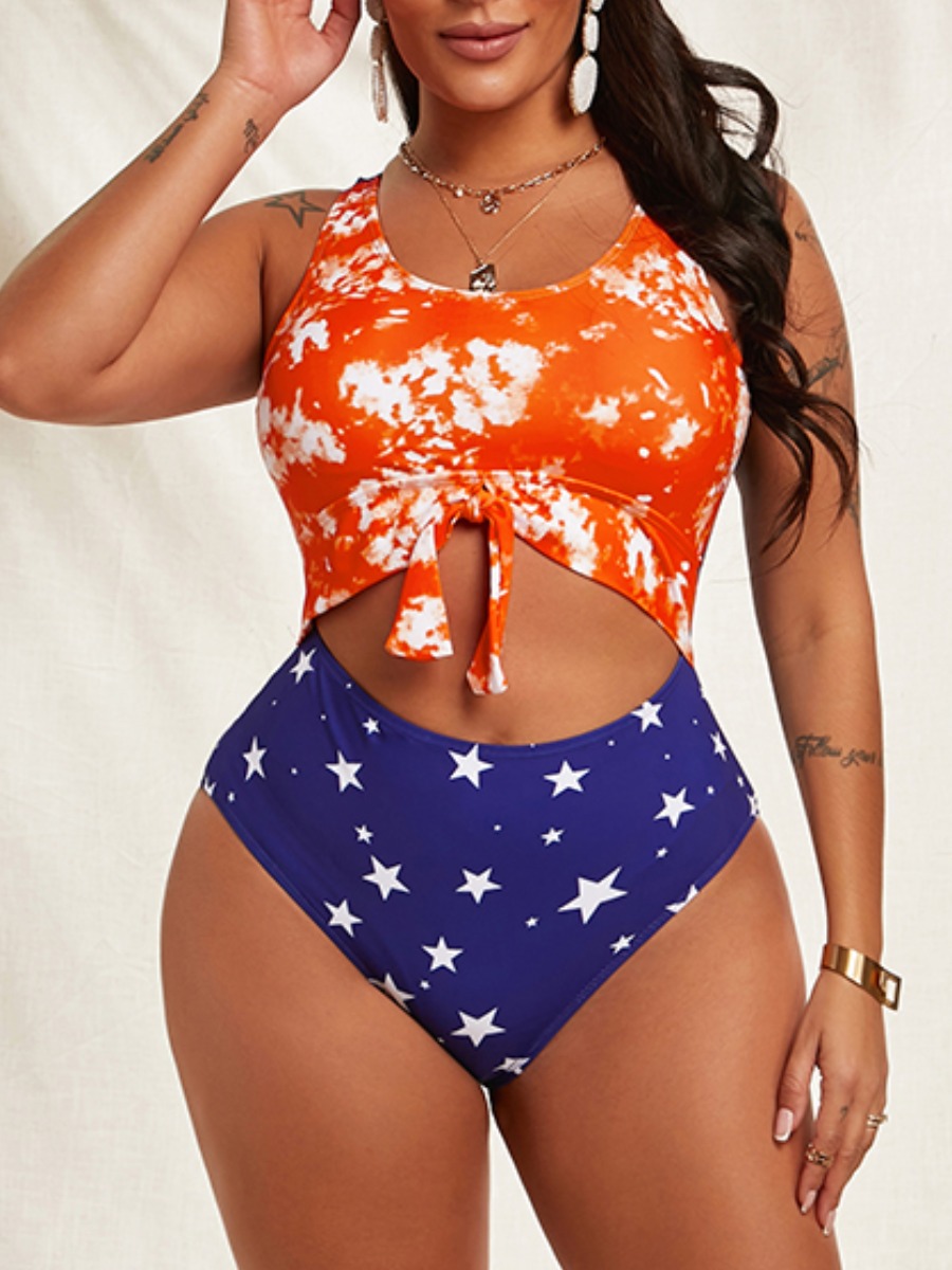 

Lovely Boho Tie-dye Star Print Hollow-out Orange One-piece Swimsuit