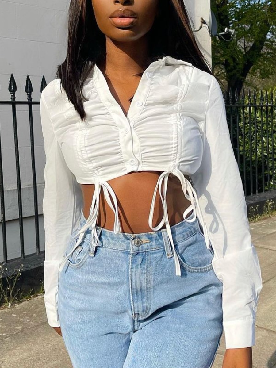 

Lovely Street Turndown Collar Drawstring White Blouse