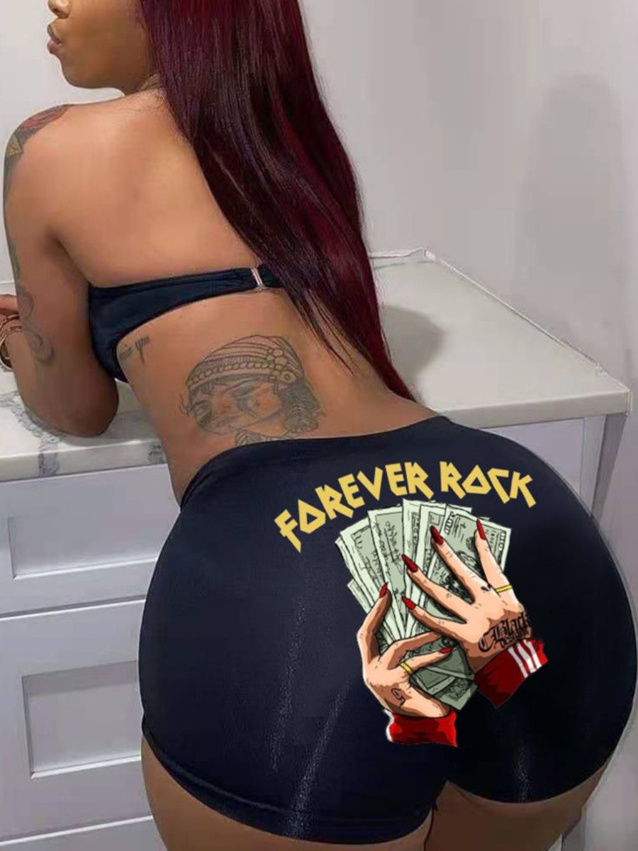 

Lovely Street Money Letter Print Black Shorts