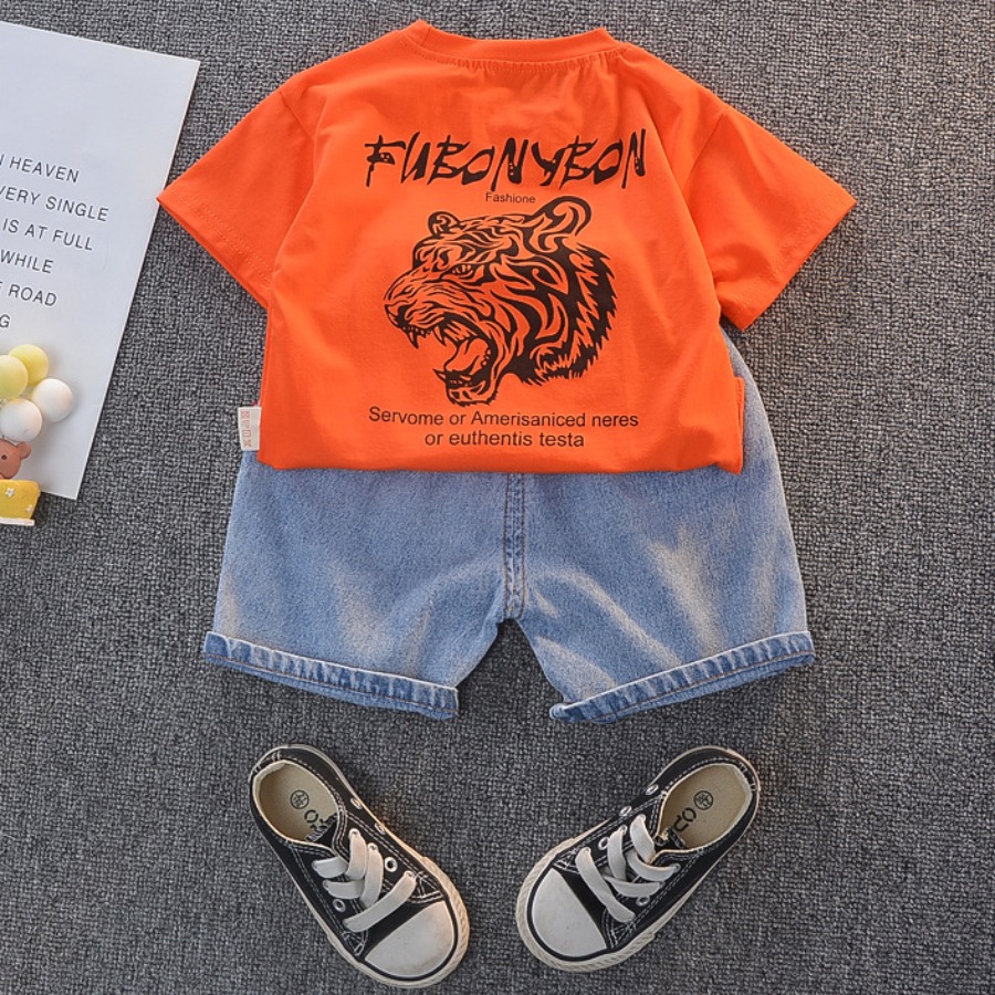 

Lovely Boy Street Animal Letter Print Orange Two Piece Shorts Set