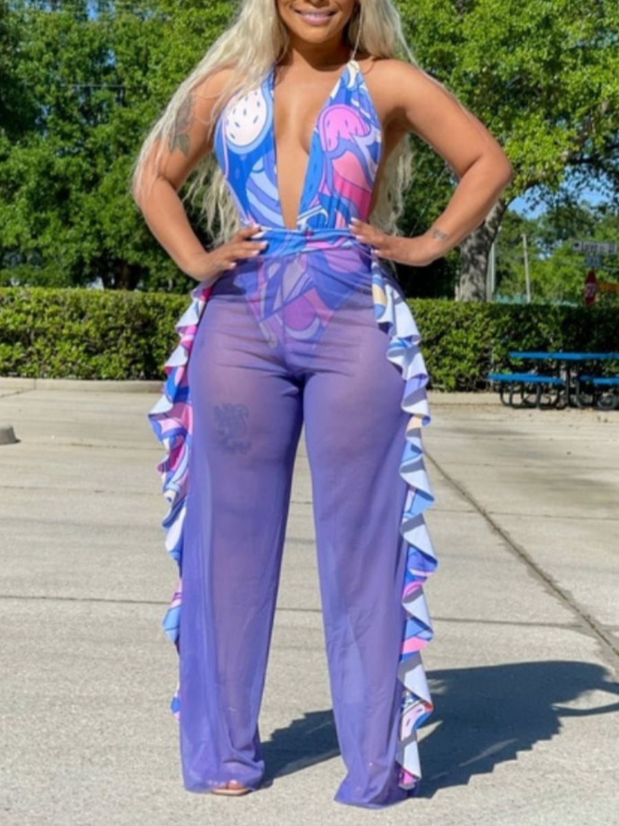 

Lovely Boho See-through Flounce Design Blue Two Piece Pants Set