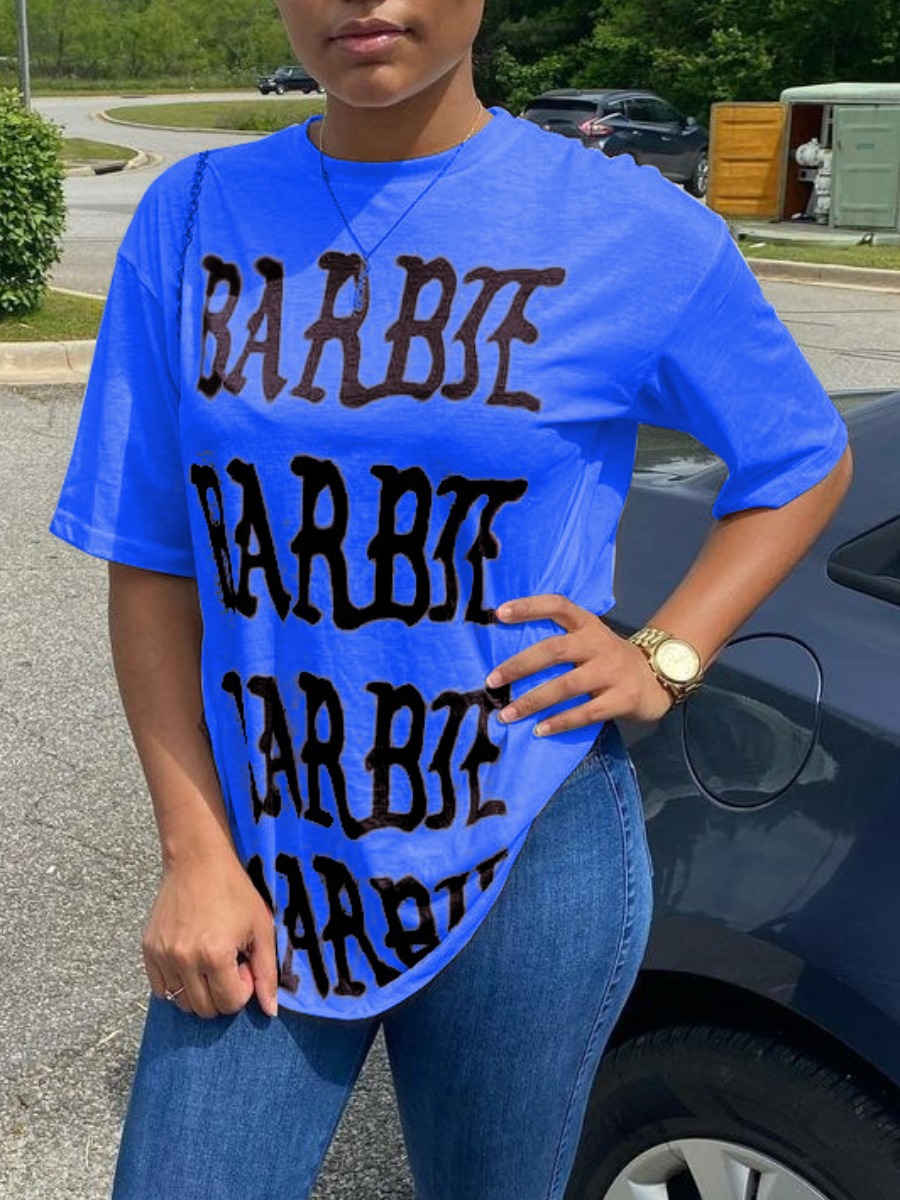 

Lovely Plus Size Casual O Neck Letter Print Blue T-shirt