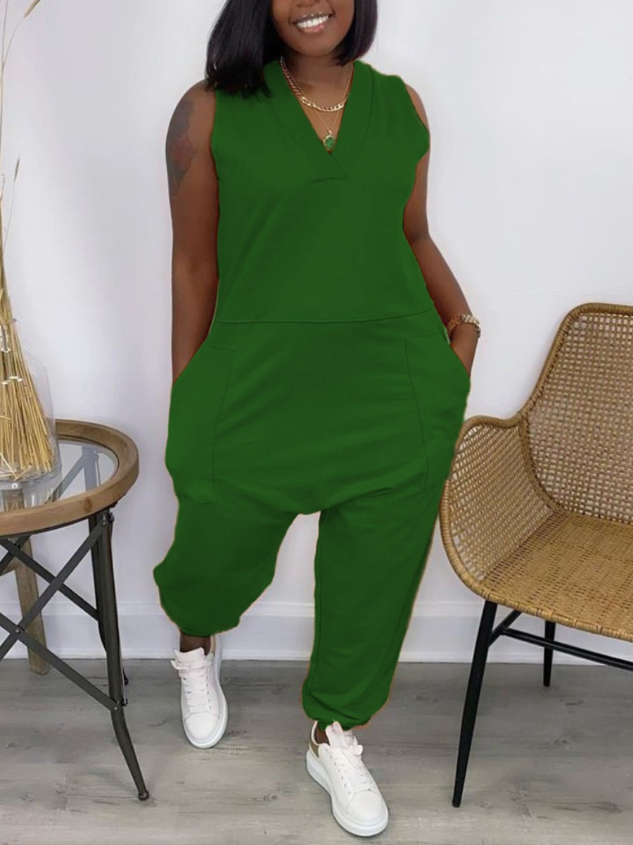 

Lovely Plus Size Casual V Neck Pocket Design Green One-piece Jumpsuit
