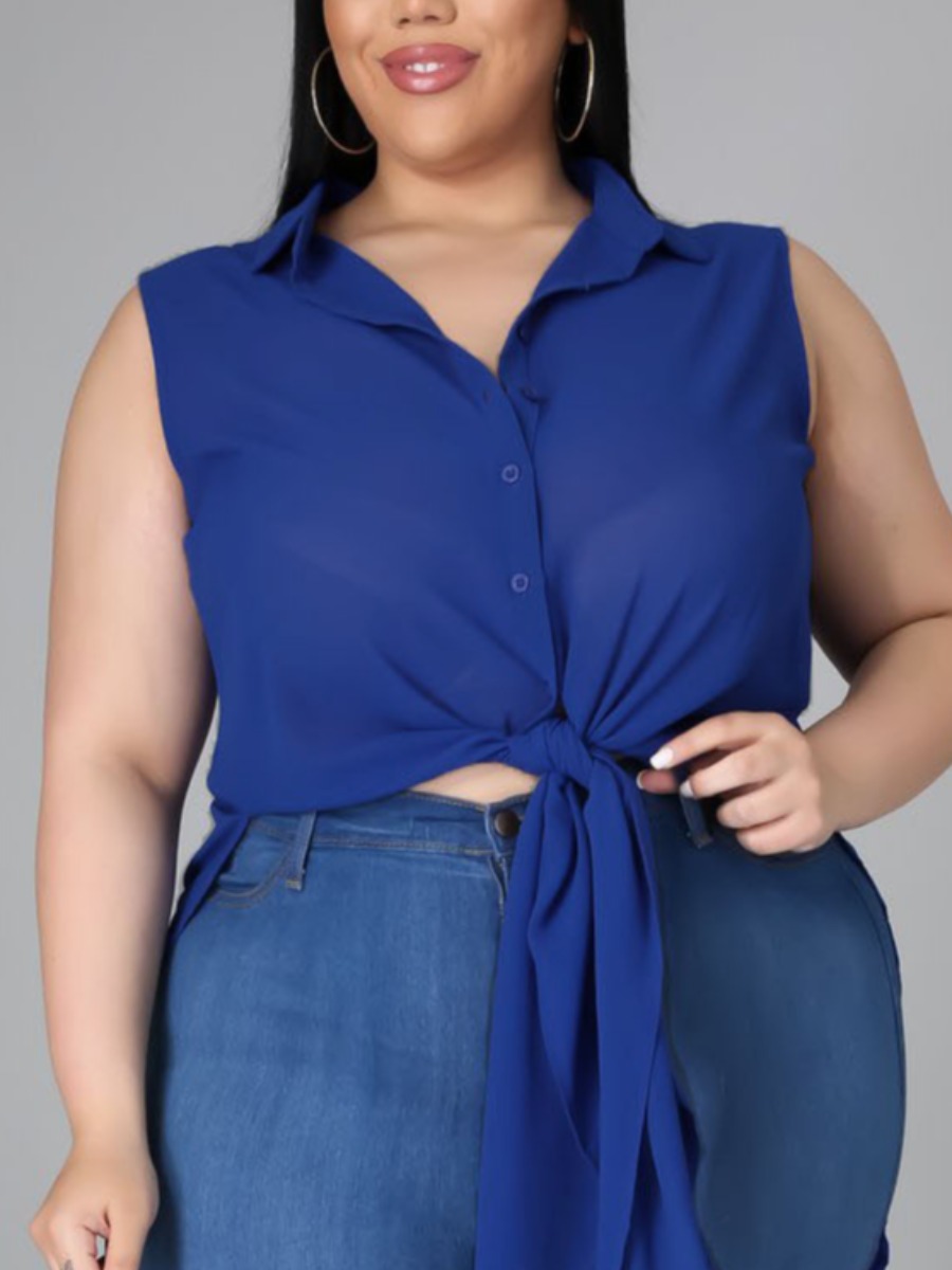 

LW Plus Size Casual Turndown Collar Split Royalblue Blouse