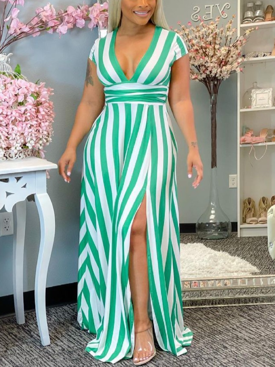 

Lovely Plus Size Boho Striped Split Green Floor Length Dress