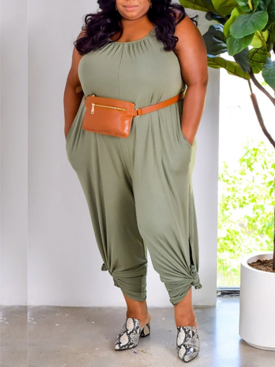 

Lovely Plus Size Casual Split Pocket Design Army Green One-piece Jumpsuit