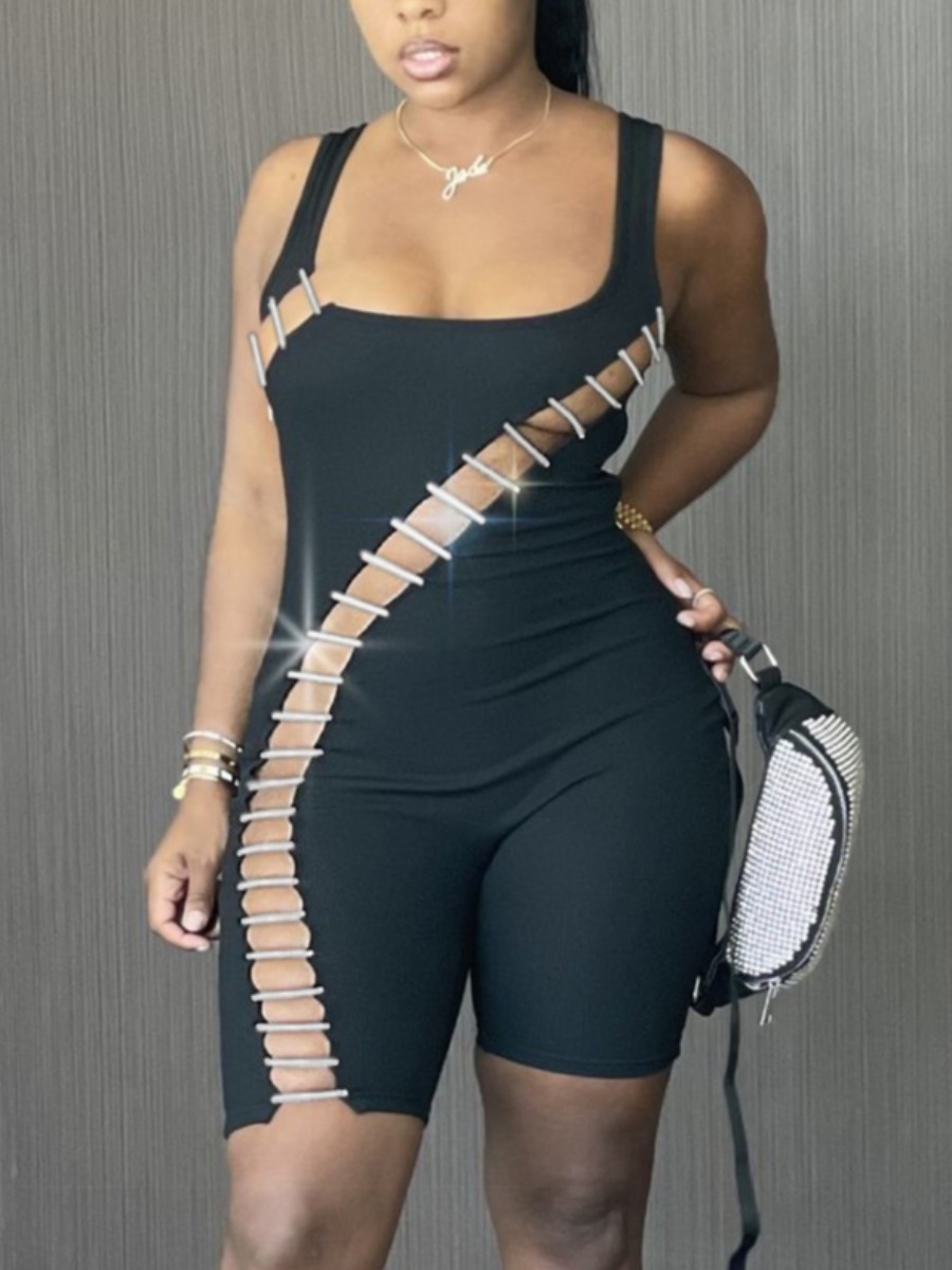 

Lovely Street Metal Accessories Decoration Hollow-out Black One-piece Romper