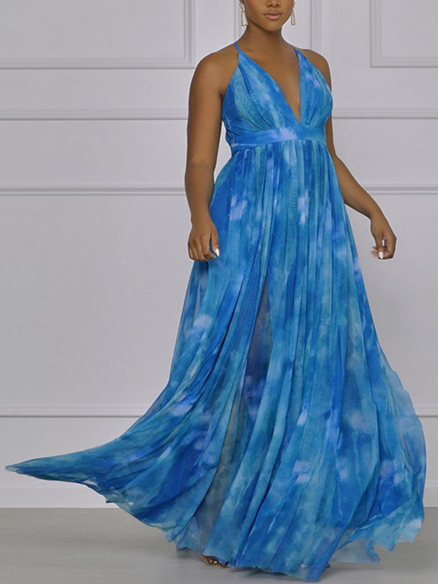 

Lovely Boho Print Backless Blue Ankle Length A Line Dress
