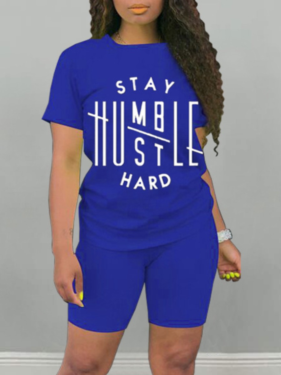 

LW Round Neck Letter Print Shorts Set, Blue