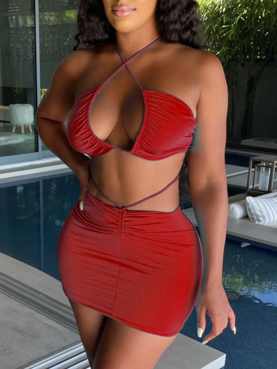 

Lovely Sexy Backless Bandage Design Red Two Piece Skirt Set