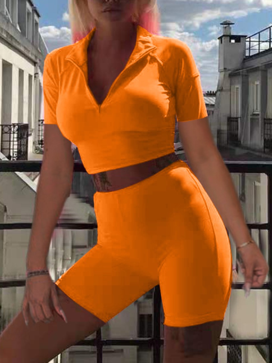 

Lovely Sporty V Neck High-waisted Croci Two Piece Shorts Set