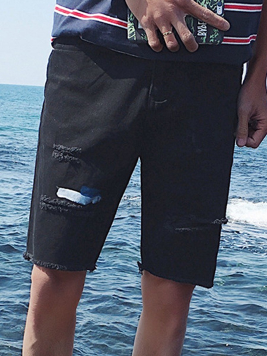 

Lovely Men Casual Ripped Raw Edge Black Denim Shorts