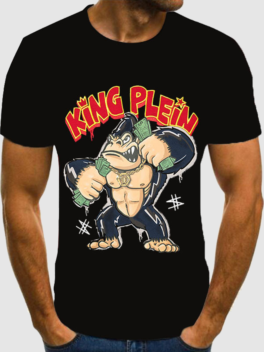 

Lovely Men Street Cartoon Letter Print Black T-shirt
