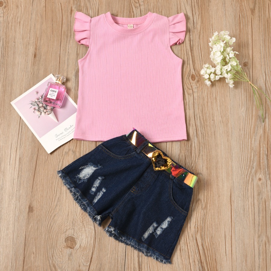 

Lovely Girl Flounce Design Raw Edge Pink Two Piece Shorts Set