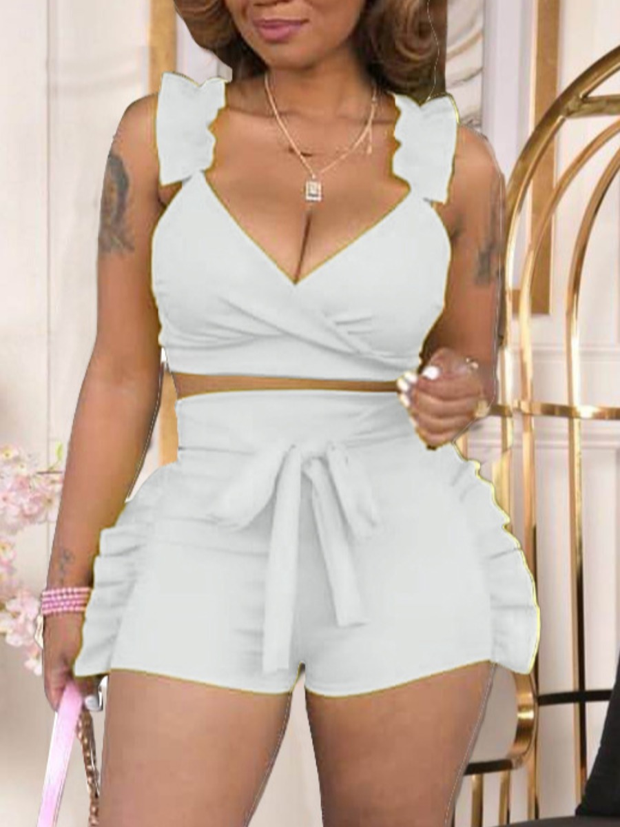 

LW Sweet Bandage Flounce Design White Two Piece Shorts Set