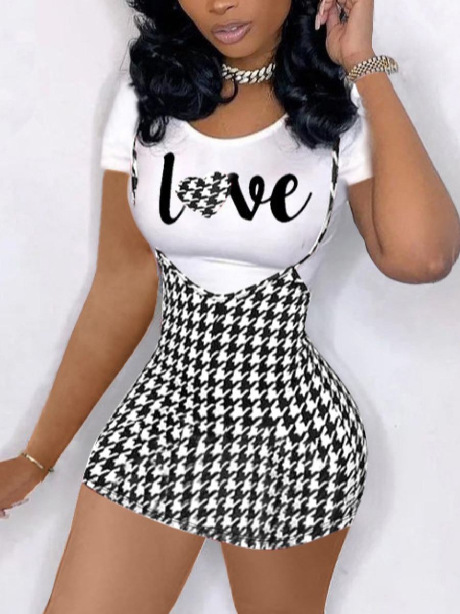 

Lovely Casual Plaid Letter Print Overall White Two Piece Skirt Set