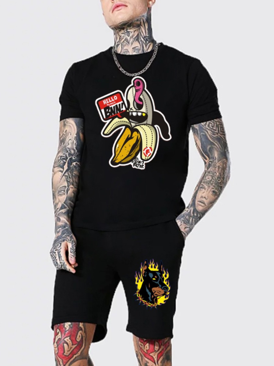 

Lovely Men Casual O Neck Cartoon Print Black Two Piece Shorts Set