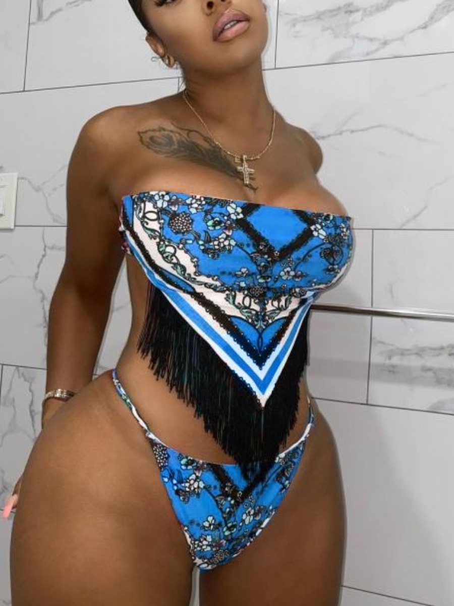 

Lovely Boho Print Tassel Design Blue Two-piece Swimsuit