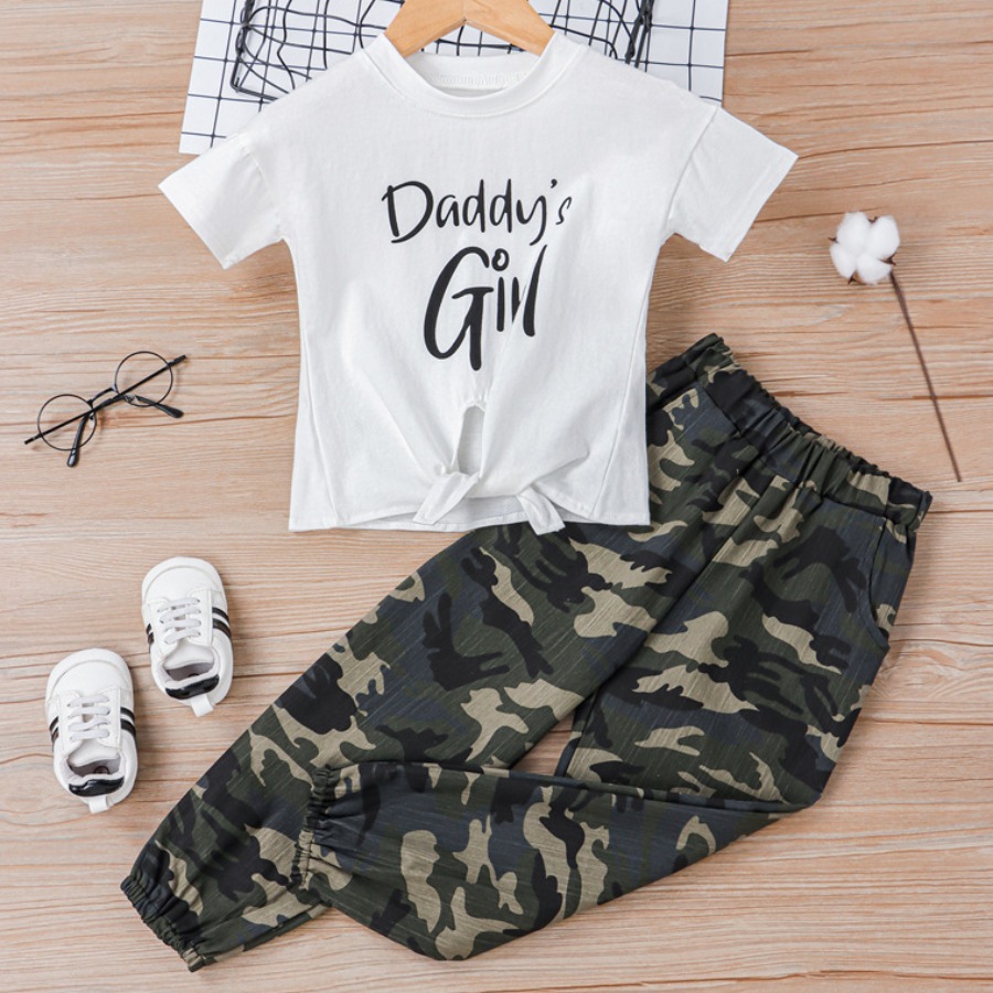 

Lovely Girl Casual Letter Camo Print White Two Piece Pants Set