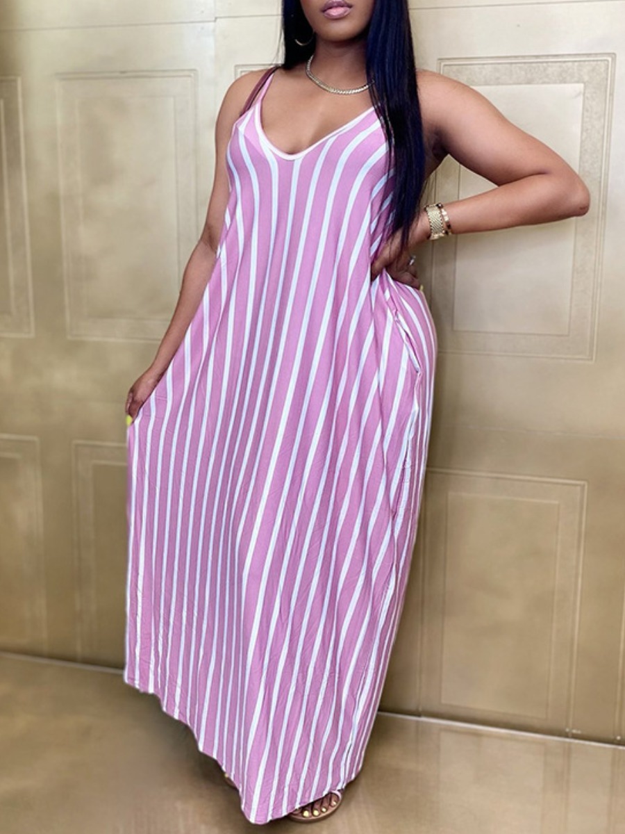 

Lovely Plus Size Boho V Neck Striped Pink Ankle Length Dress