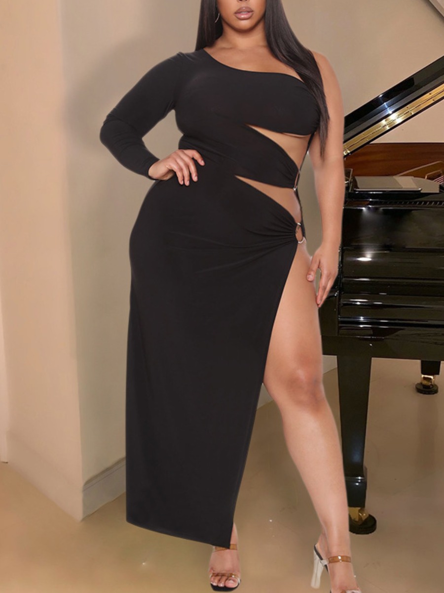 

Lovely Plus Size Sexy Metal Ring Decoration Split Black Ankle Length Dress