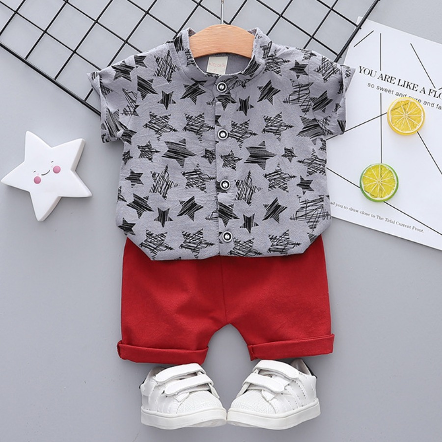 

Lovely Boy Street O Neck Star Print Grey Two Piece Shorts Set