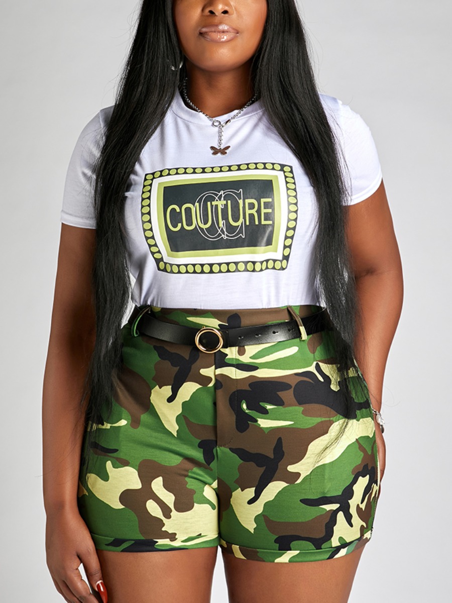 LW Plus Size Street Letter Camo Print Two-piece Shorts Set