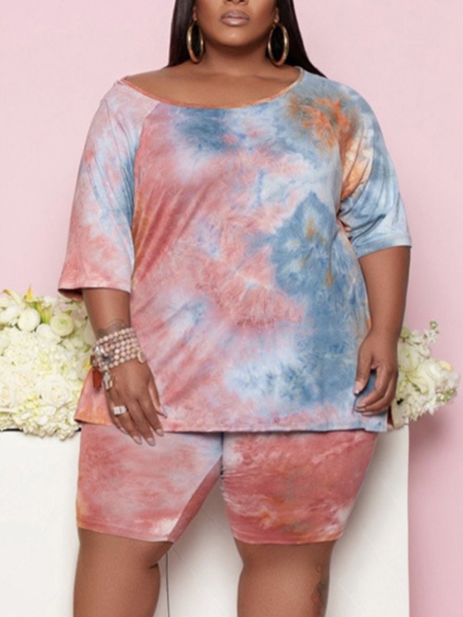 

LW Plus Size Casual O Neck Tie-dye Pink Two-piece Shorts Set