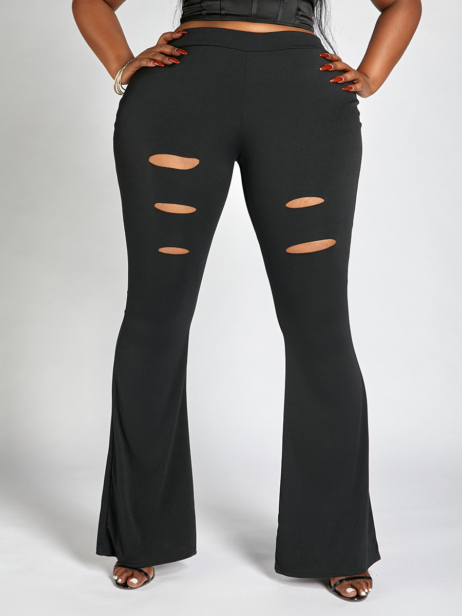 

Lovely Plus Size Street Ripped Flared Black Pants