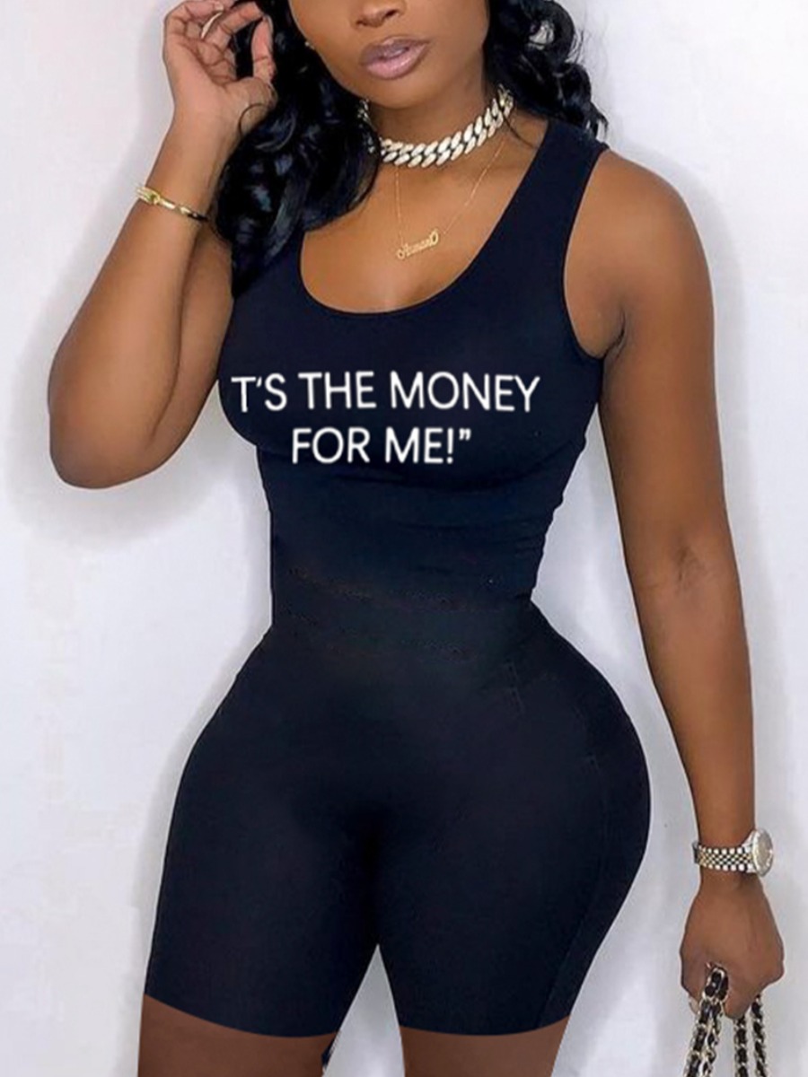 

LW Casual U Neck Letter Print Black One-piece Romper