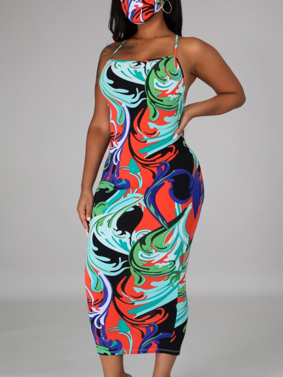 

Lovely Street Backless Cross Strap Print Multicolor Mid Calf Dress, Multi