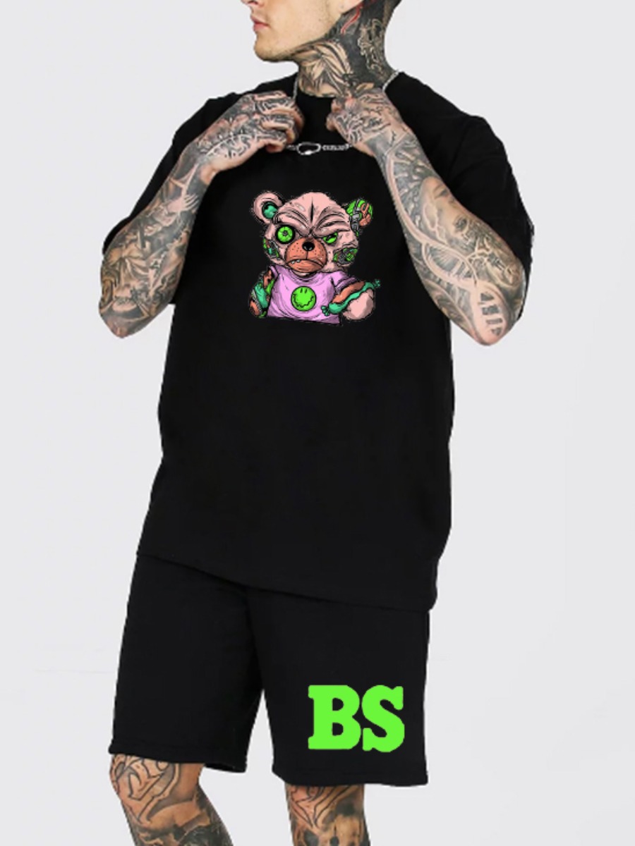 

Lovely Men Street Cartoon Letter Print Black Two Piece Shorts Set