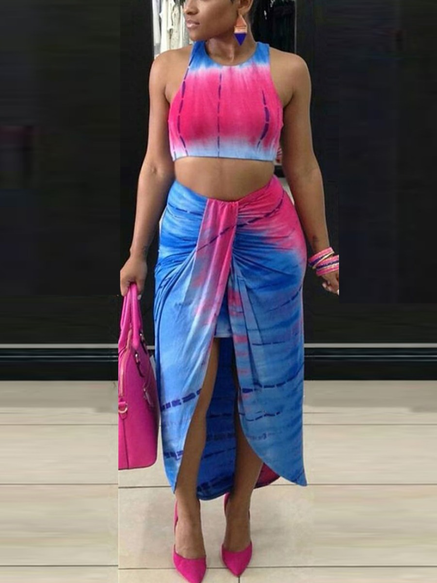 

Lovely Street Tie Dye Fold Design Blue Two Piece Skirt Set