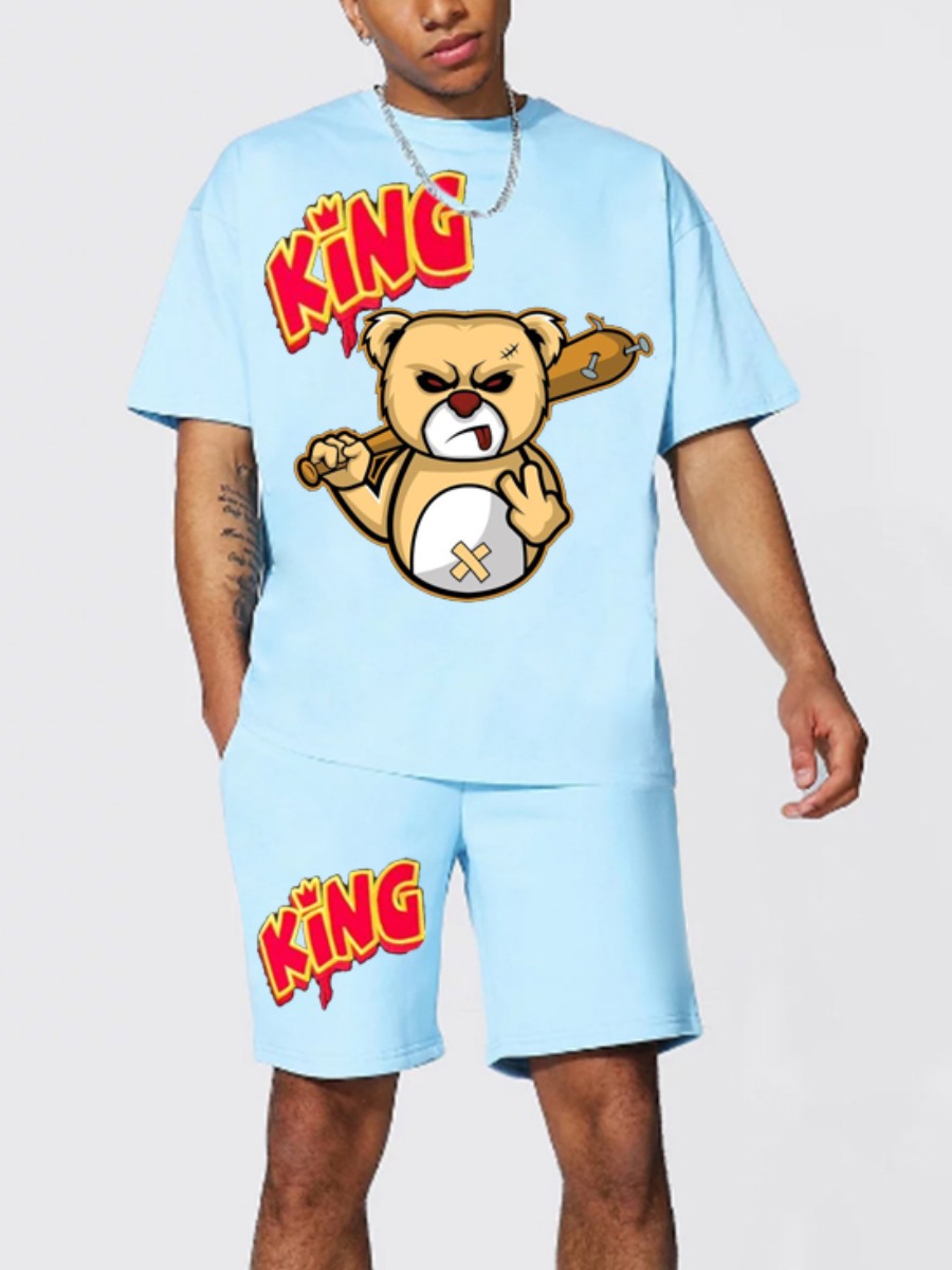 

Lovely Men Casual Cartoon Letter Print Canal Blue Two Piece Shorts Set