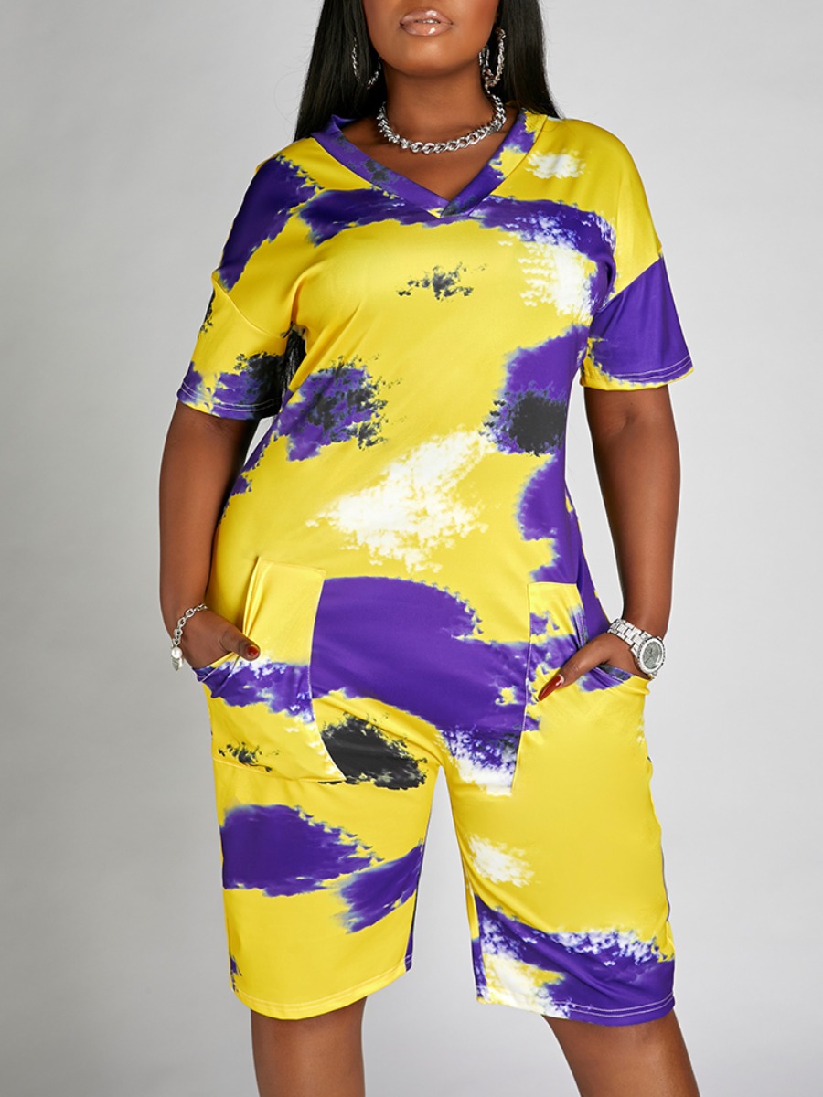 

Lovely Plus Size Street V Neck Tie-dye Yellow One-piece Romper
