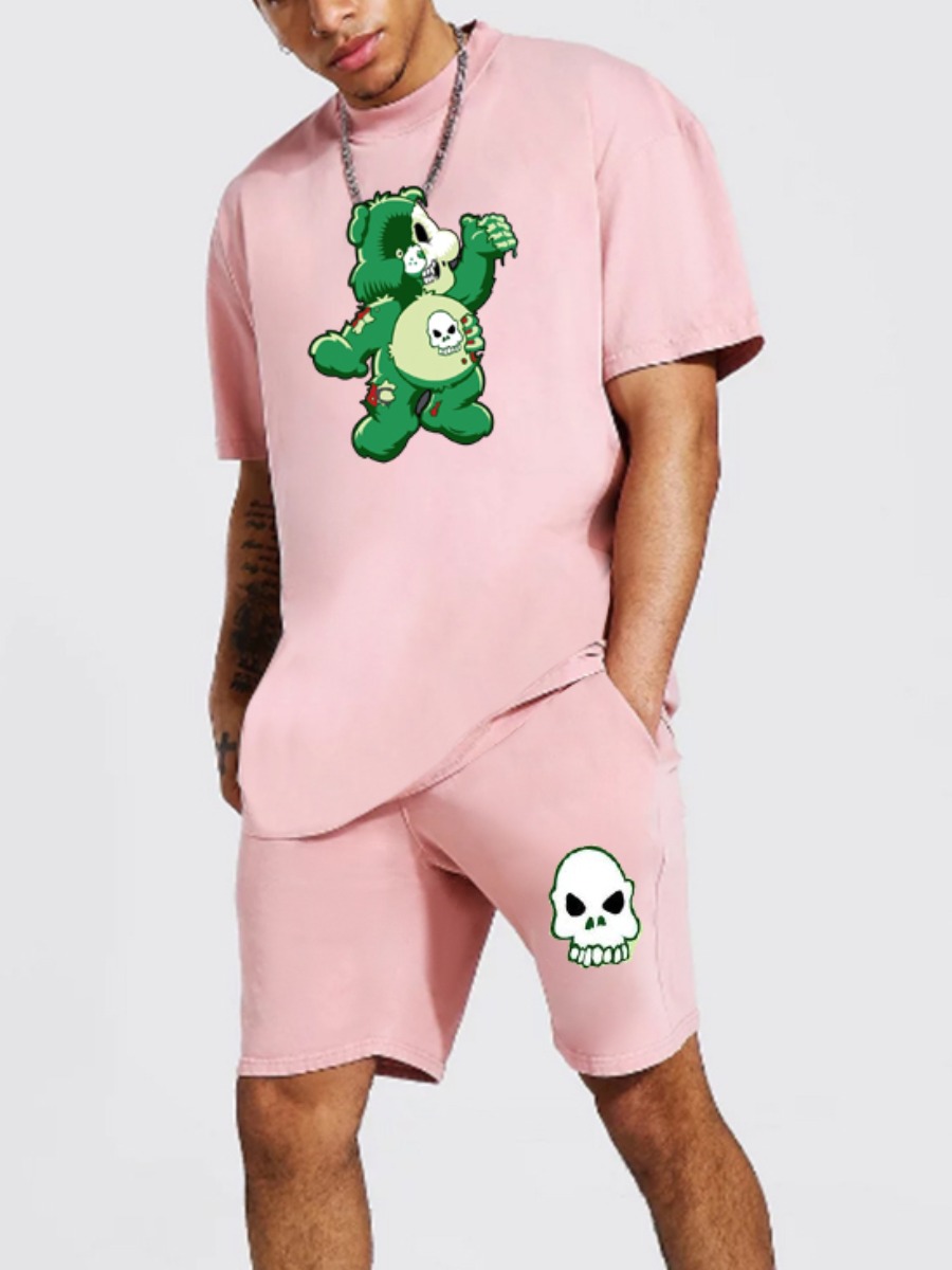 

Lovely Men Casual O Neck Cartoon Print Pink Two Piece Shorts Set