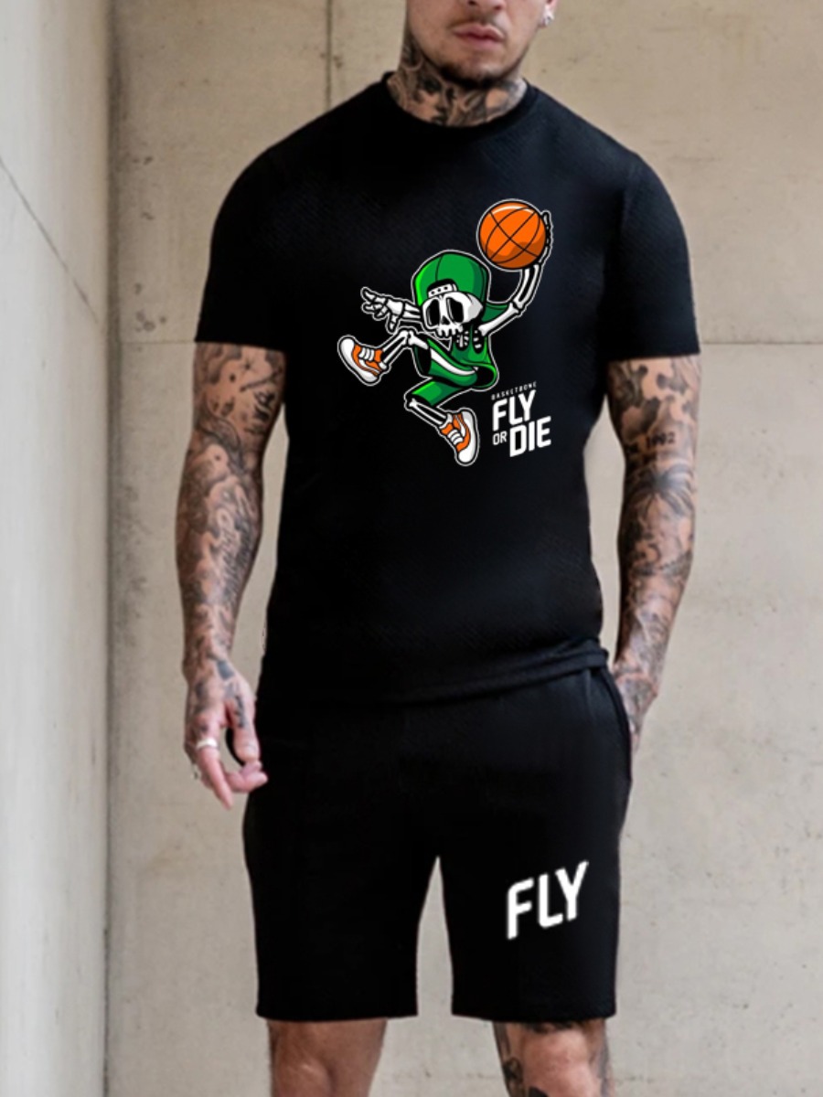 

Lovely Men Casual Cartoon Letter Print Black Two Piece Shorts Set