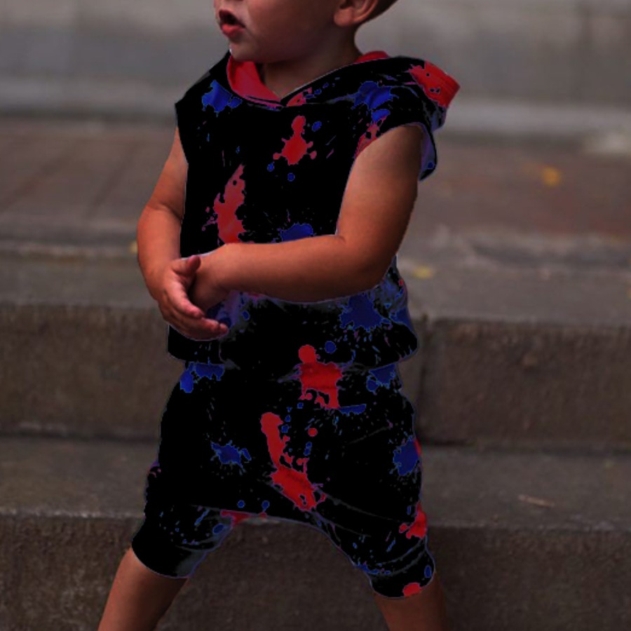 

Lovely Boy Street Hooded Collar Splash Ink Print Black Two Piece Shorts Set