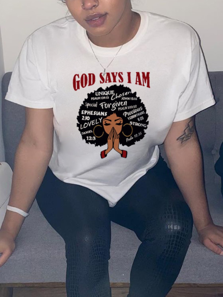 LW BASICS Casual O Neck Letter Print White T-shirt