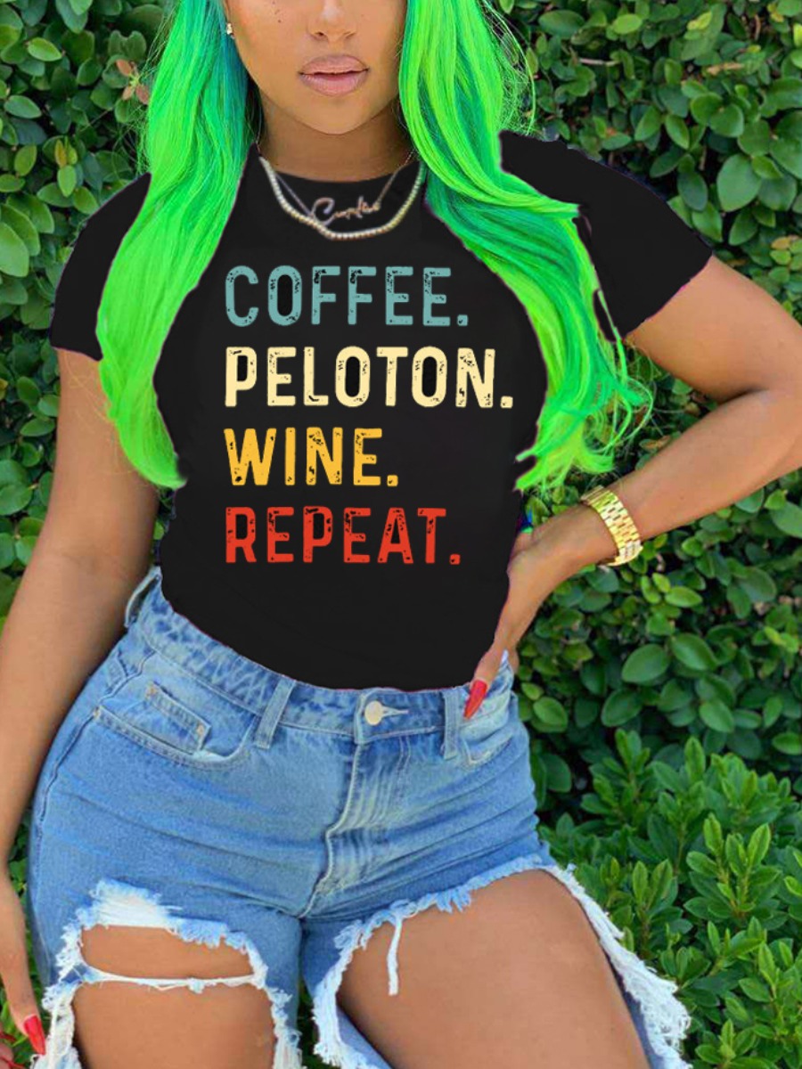 

LW Casual O Neck Letter Print Black T-shirt