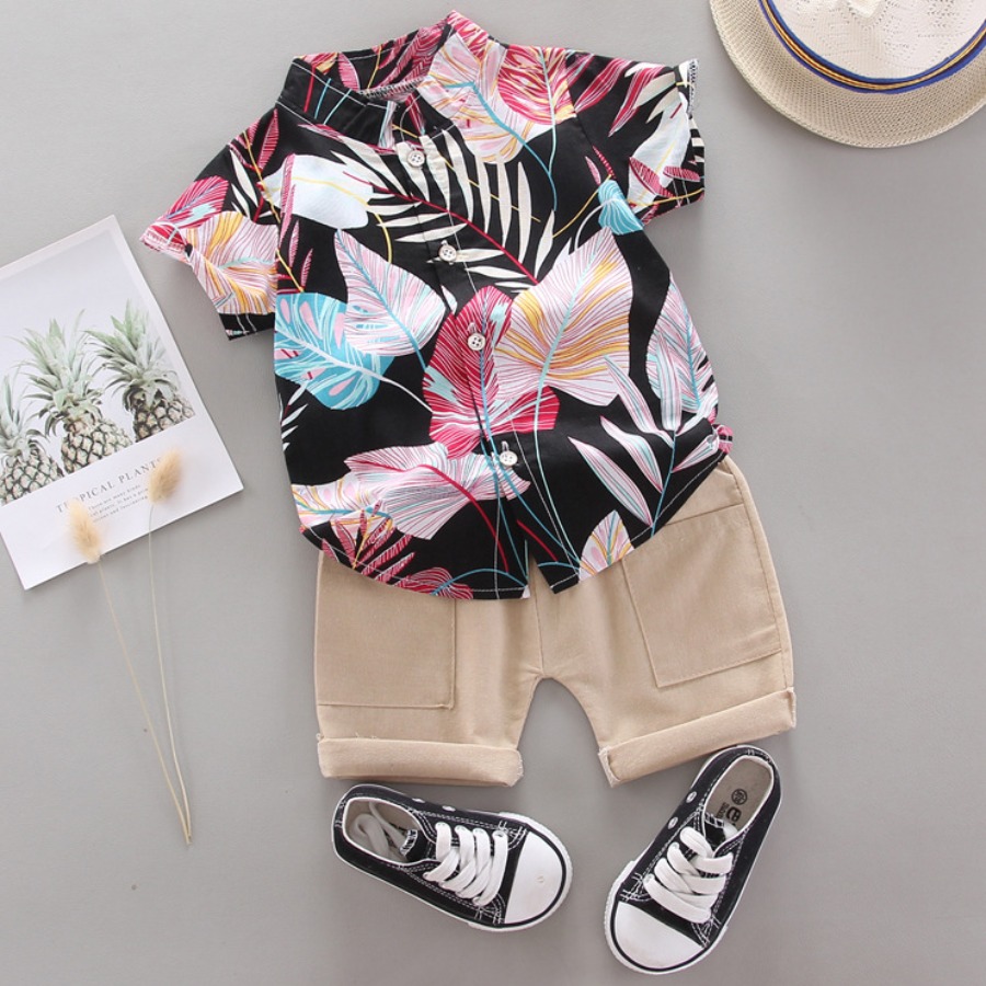 

Lovely Boy Boho Floral Print Patchwork Black Two Piece Shorts Set