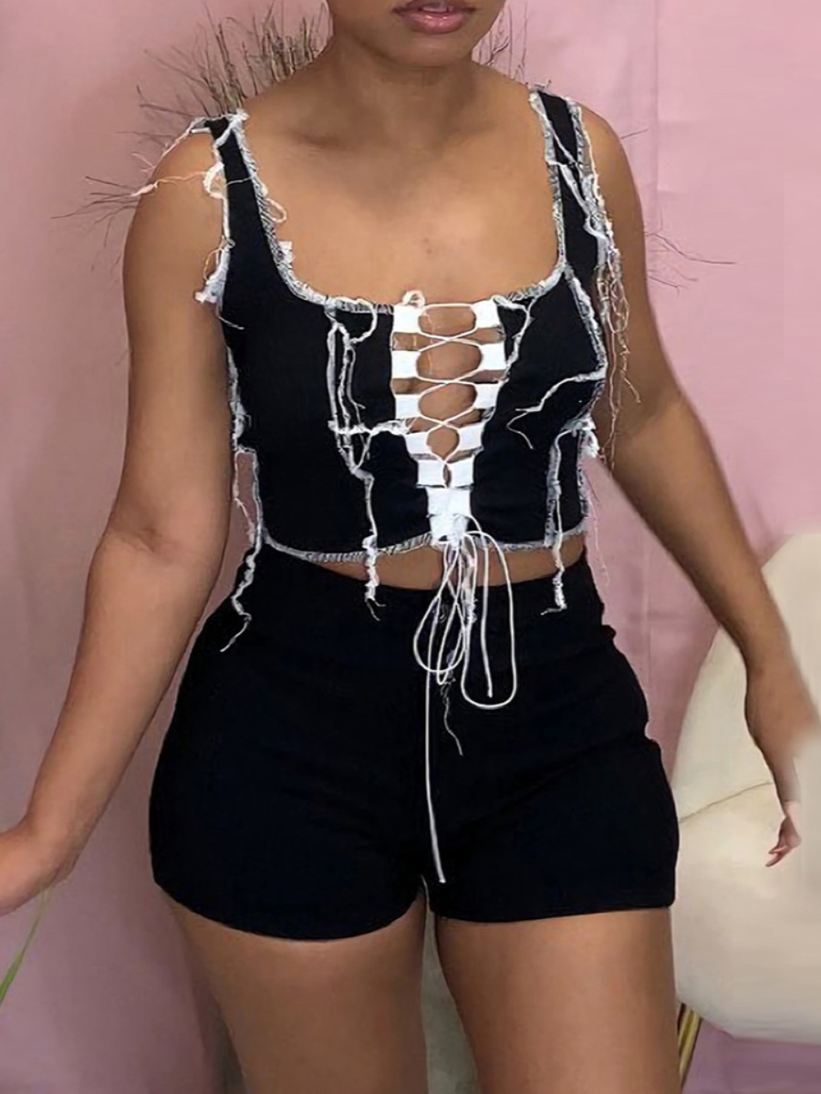 

Lovely Street Striped Bandage Hollow-out Design Black Two Piece Shorts Set