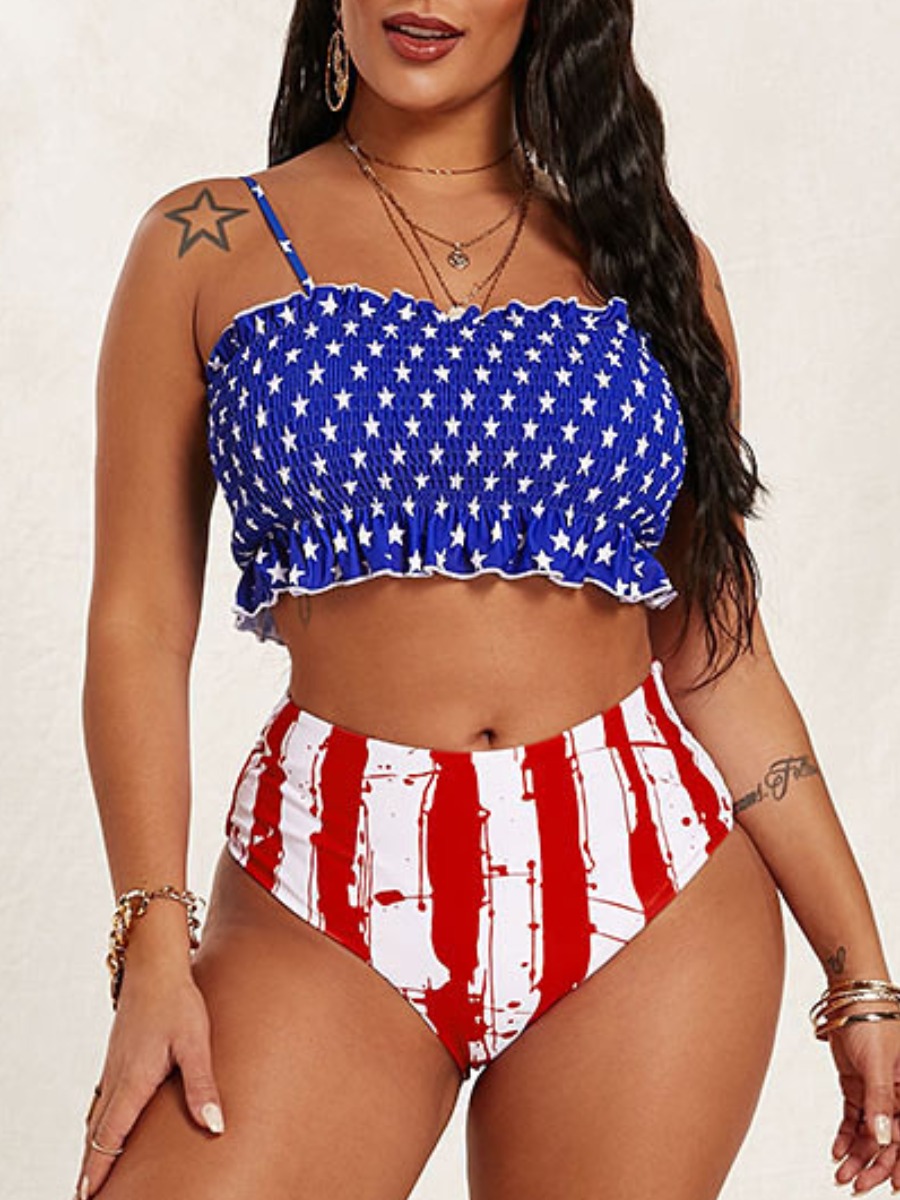

Lovely Boho Star Print Striped Fold Design Red Two-piece Swimsuit