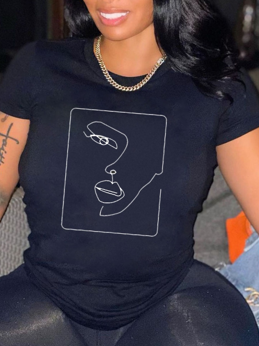 

Lovely Casual O Neck Geometric Print Black T-shirt