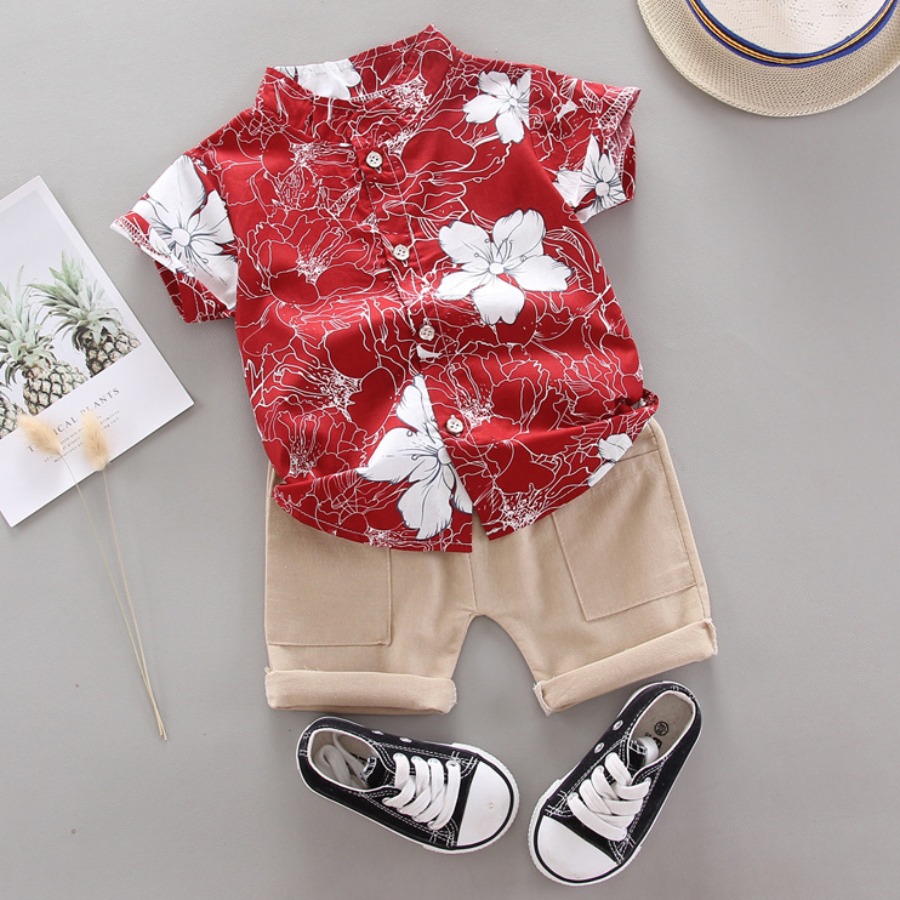 

Lovely Boy Boho Mandarin Collar Floral Print Red Two Piece Shorts Set