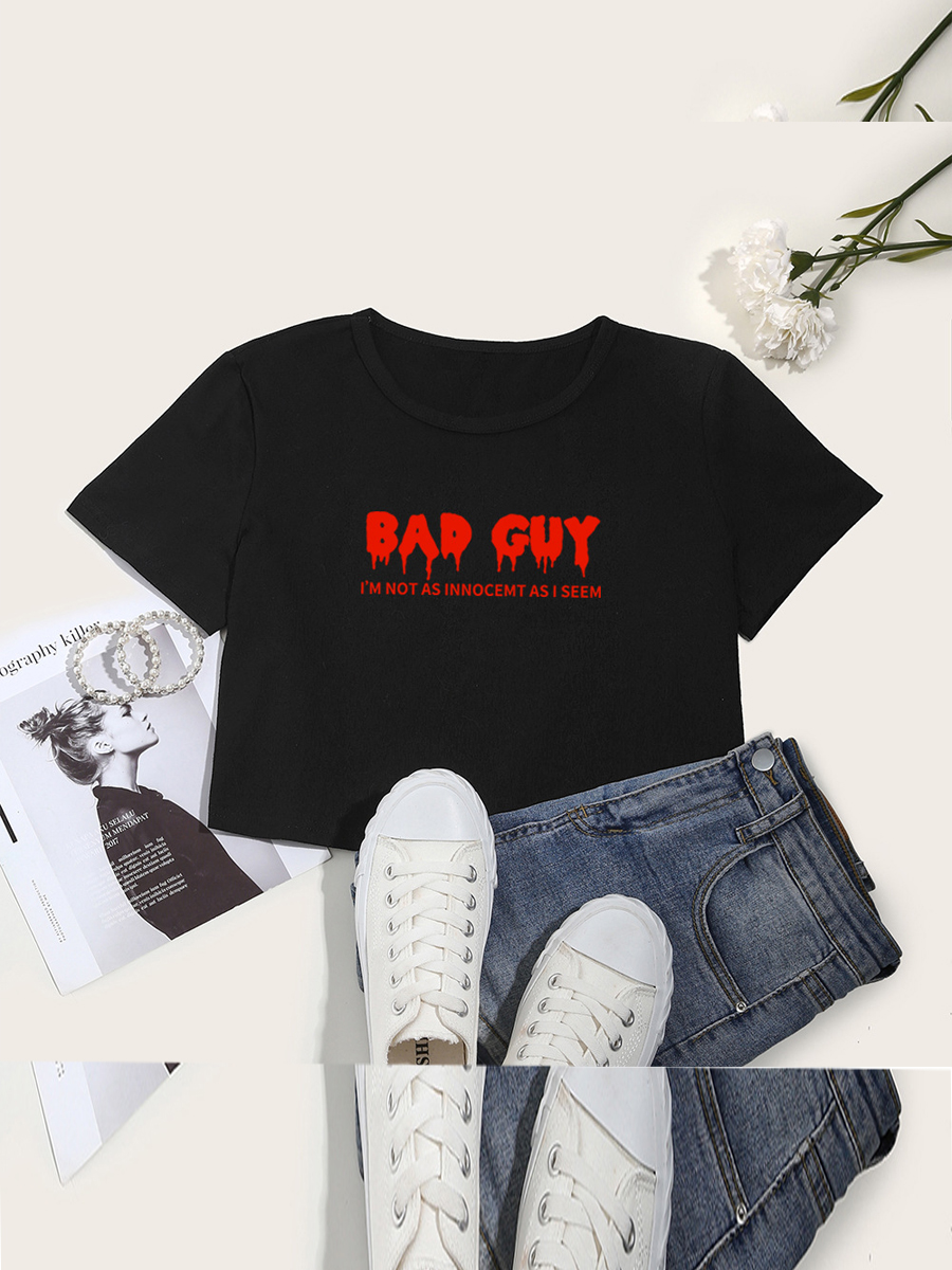 

Lovely Street O Neck Letter Print Black T-shirt