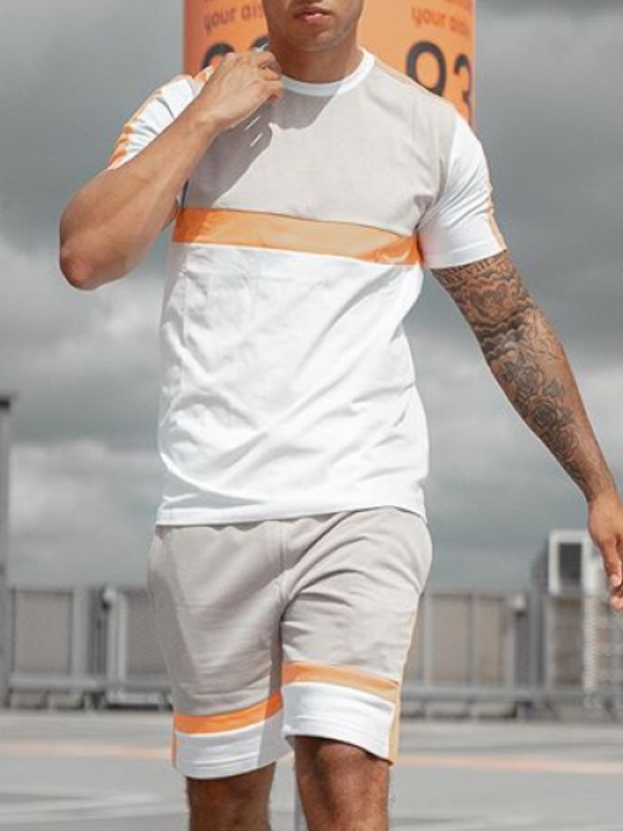 

Lovely Men Sporty Color-lump Patchwork White Two Piece Shorts Set