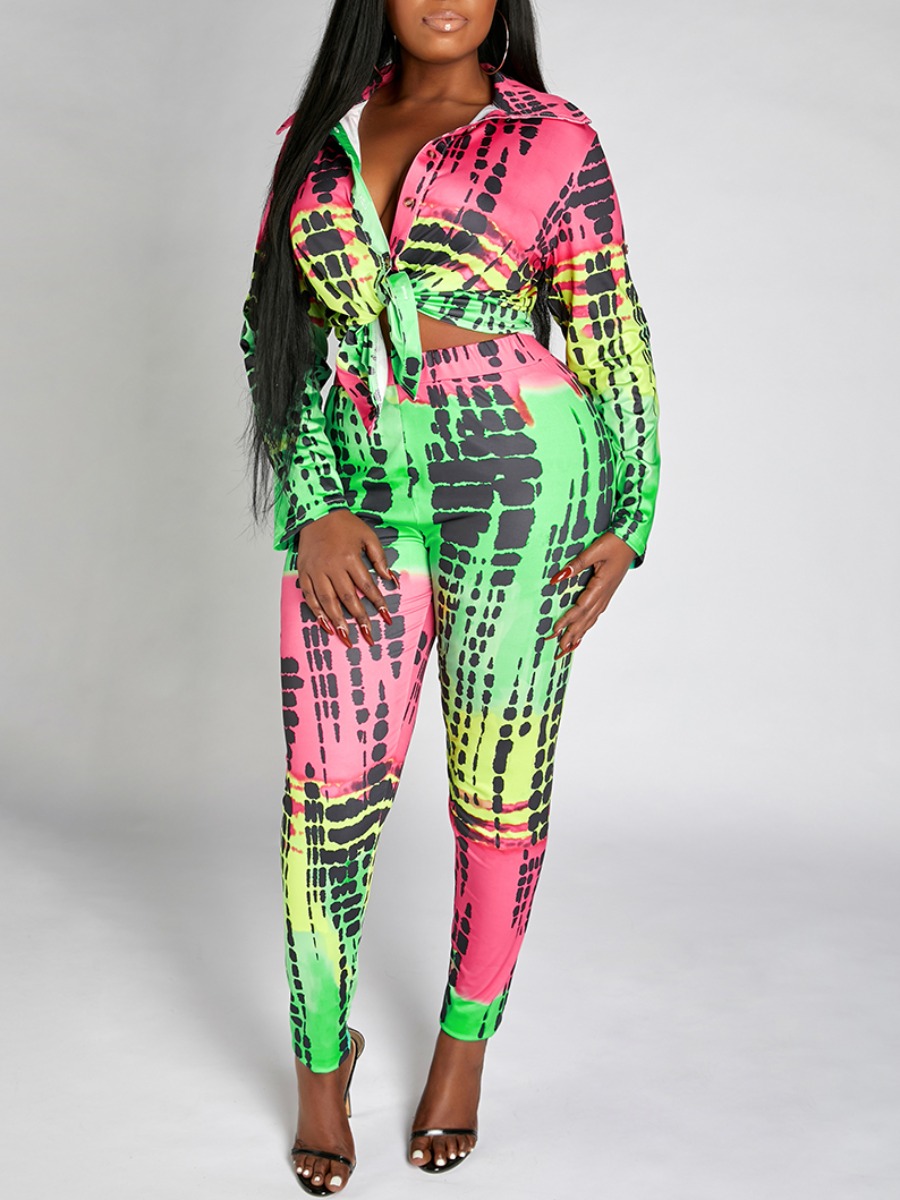 

Lovely Plus Size Street Turndown Collar Print Multicolor Two-piece Pants Set, Multi
