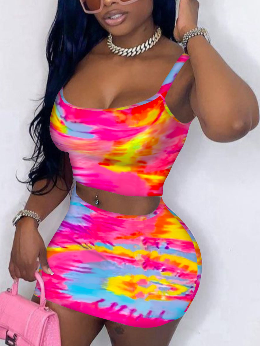 

Lovely Casual U Neck Tie Dye Rose Red Two Piece Skirt Set
